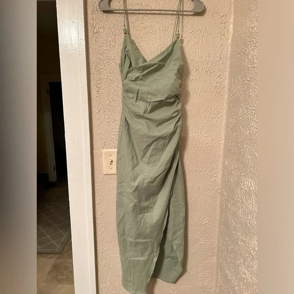 Zara Ruched Linen Blend Midi Dress Sea Green Size XS - Picture 6 of 11